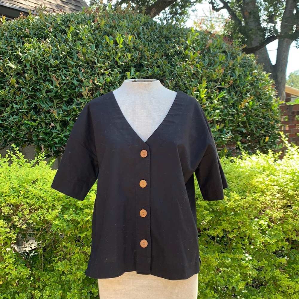 Black Linen Blouse with Wooden Buttons